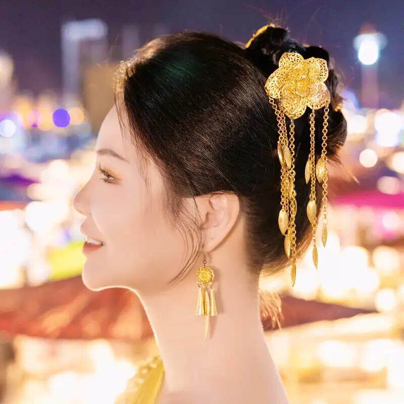 新款傣族金属发簪复古玫瑰花朵发针头饰民族风树叶流苏盘发簪子女