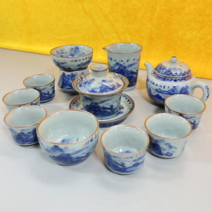 景德镇陶瓷茶具11件套装千里江山图茶具青花山水釉下彩老陶泥开片