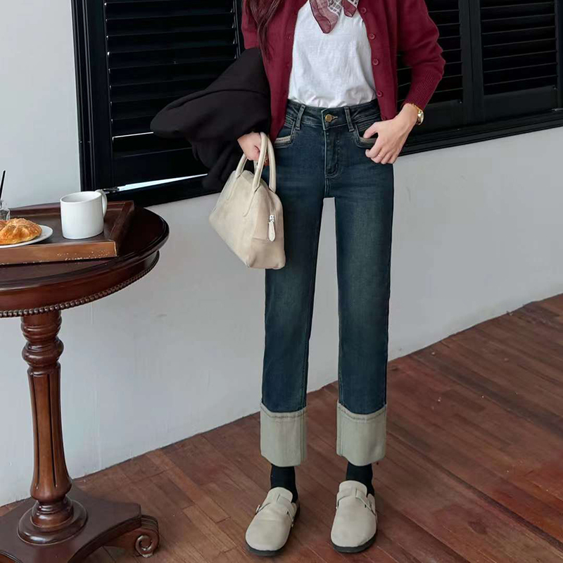 韩尚裤业2024春秋翻边直筒黑色牛仔裤女九分小个子法棍烟管裤