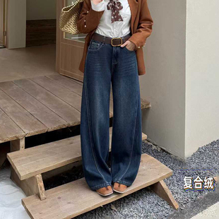 爆犀牛2025冬季新款高腰宽松加绒加厚弯刀牛仔裤女垂感香蕉阔腿裤