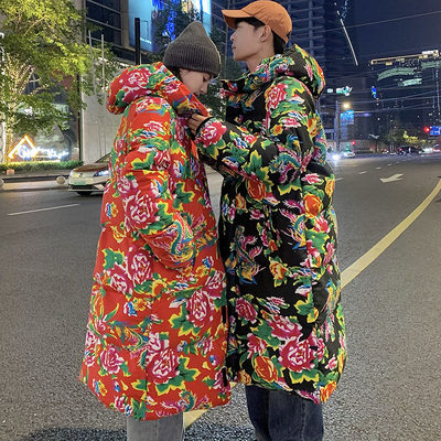 中长款棉衣外套东北大花中国风棉服男女宽松保暖防寒连帽棉袄子男