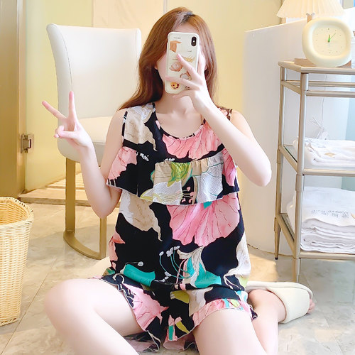 夏季薄款背心人造棉绸睡衣女士套装大码无袖短裤绵绸家居服防凸点