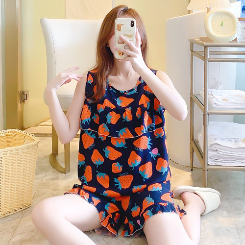棉绸睡衣女夏季防凸点家居服薄款绵绸背心套装甜美学生可外穿大码
