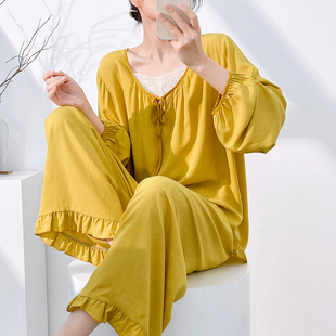人造棉绸长袖睡衣女夏天薄款空调服防凸点月子服宽松休闲绵绸套装