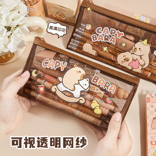 小学生卡皮巴拉透明网纱笔袋儿童大容量便携笔盒幼儿园小礼物批发