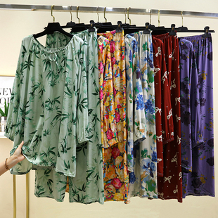 人造棉国风睡衣 绵绸家居服套装 女时尚 花色宽松可外穿七分袖 长裤
