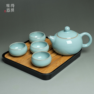 原产地汝瓷二级瑕疵品一壶二杯茶海捡漏汝窑茶杯茶壶可养天青开片