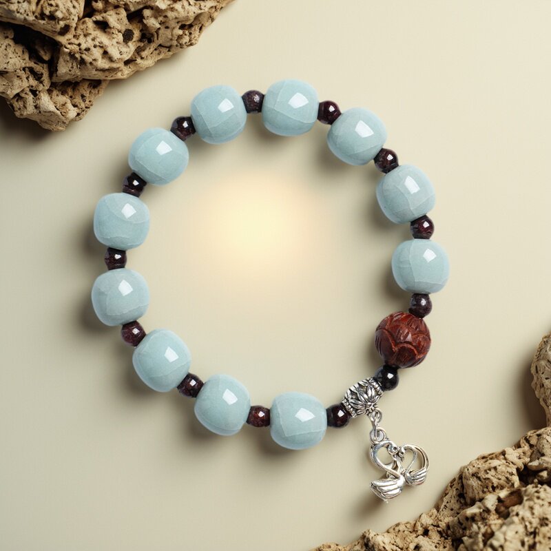 2 女神节情侣汝瓷手串珠陶瓷手链中式男女士中国风藏银饰品汝窑