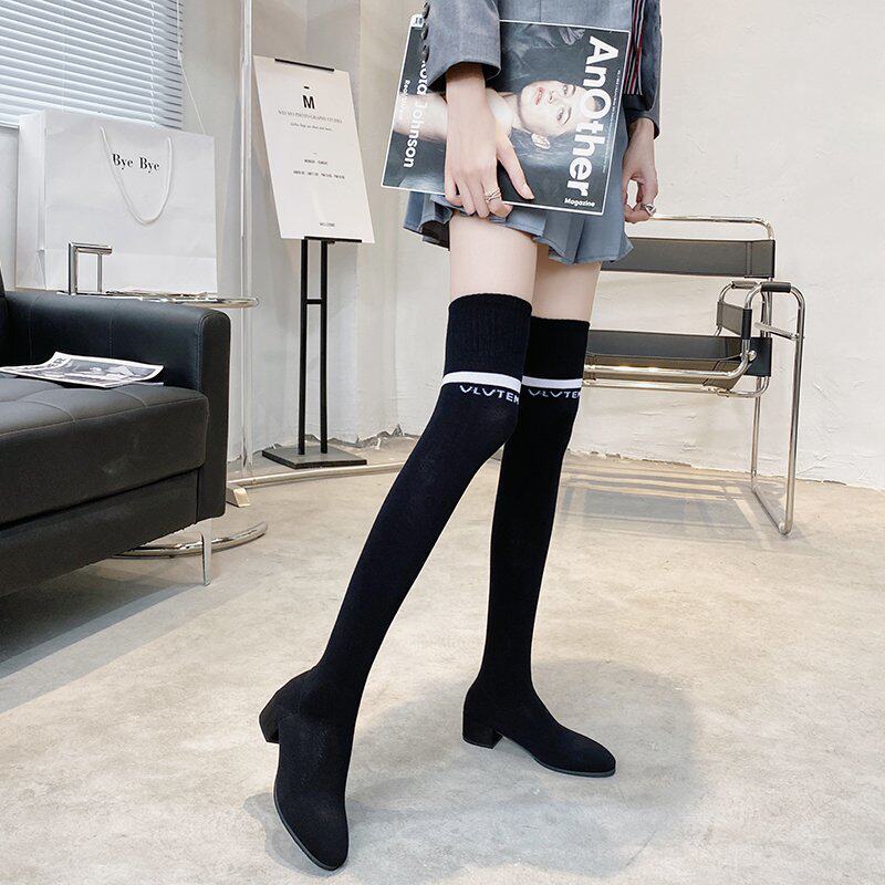 袜子鞋2021春季新款潮鞋过膝长靴女靴子针织丝袜弹力长筒靴袜靴