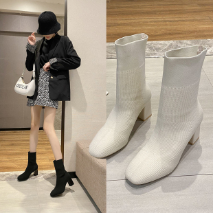 袜靴女2022年新款春秋季方头瘦瘦靴弹力针织袜子靴高跟粗跟中筒靴