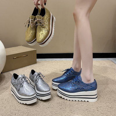 2025年春季新款英伦风厚底鞋防水台松糕鞋系带圆头单鞋大码女鞋