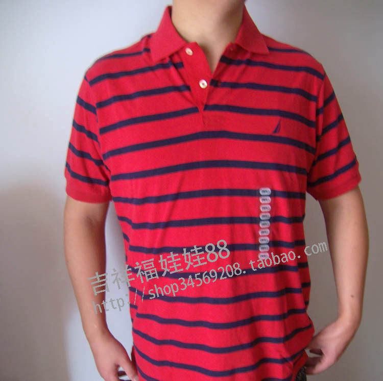 反季促销 正品 NAUTICA/诺帝卡 红色 全棉条纹翻领短袖衫男款T恤
