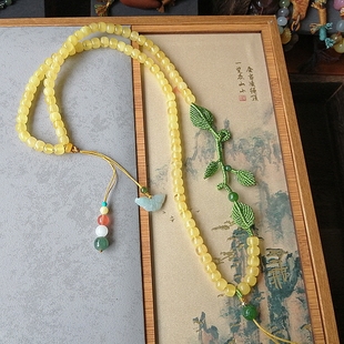手工编织天然琥珀蜜蜡吊坠挂链毛衣项链挂坠绳子鸡油黄蜜蜡全珠链