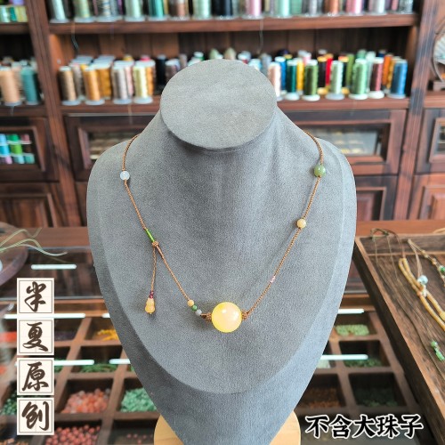 半夏原创手工编织高货双耳吊坠绳黄金蜜蜡珠子横穿款锁骨项链绳子