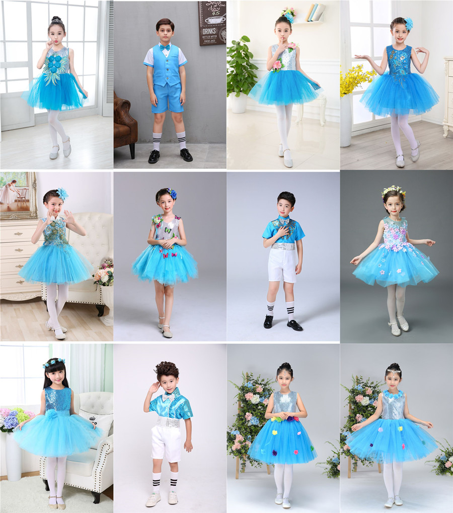 六一儿童演出服男女童公主裙蓬蓬纱裙天蓝色幼儿园小班亮片比赛服