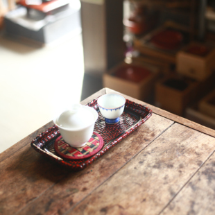 蓝胎漆壶承收纳茶盘点心盘茶点盘日本回流竹编收纳