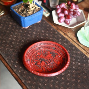 大漆收纳漆器剔红堆朱文房壶承储水山水松桥日本回流