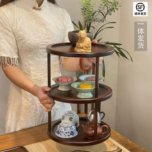 高山楠竹手工博古架茶具收纳架点心架子可旋转茶壶架多层三层果盘