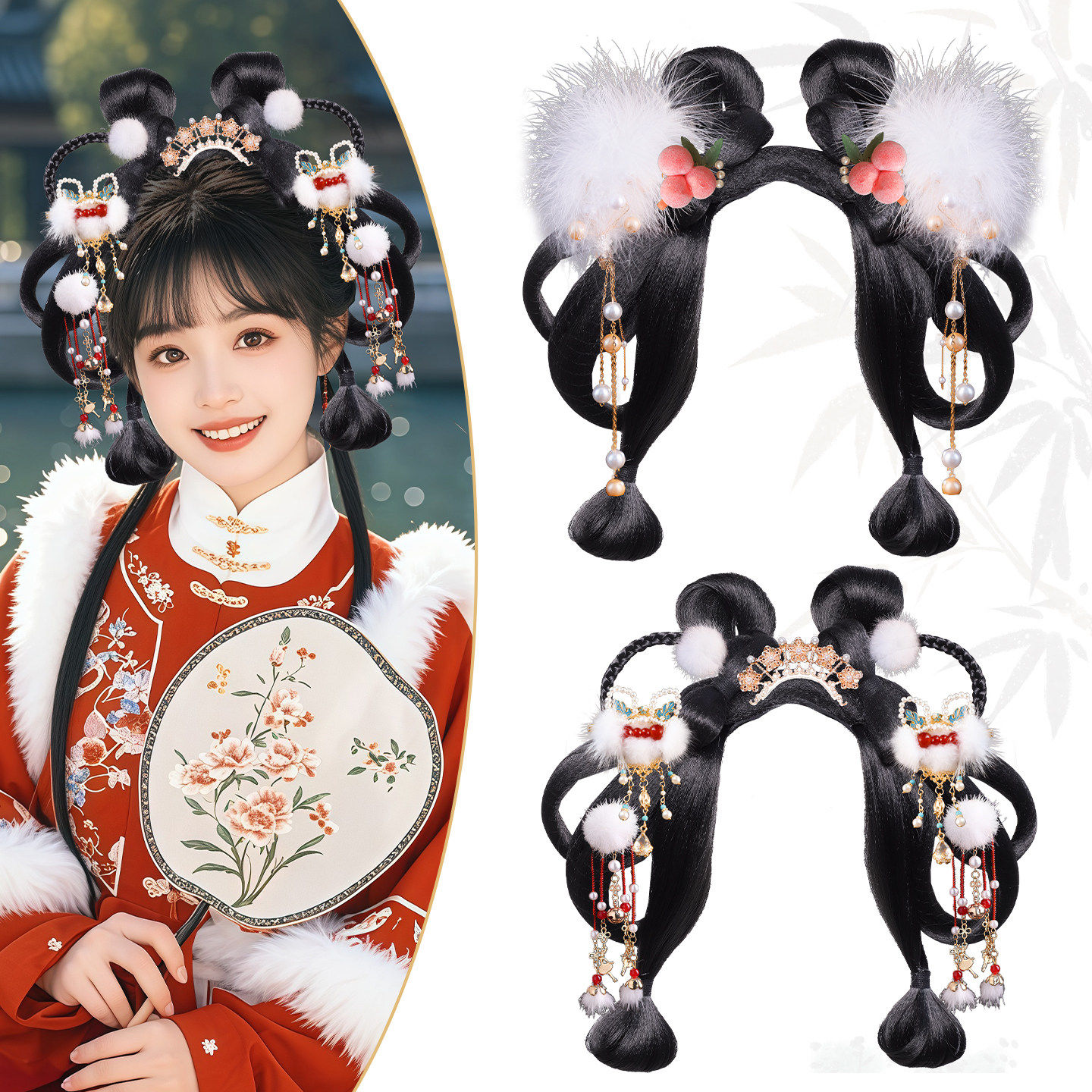 新年红色喜庆古装造型演出配饰可爱灵动少女发饰毛球流苏发夹发冠,美发护发/假发,演出假发,淘宝优惠券,粉丝福利购,淘宝优惠卷