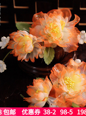 橙色系花朵绢纱烫花对夹古风汉服气质写真发夹复古百搭长流苏发饰