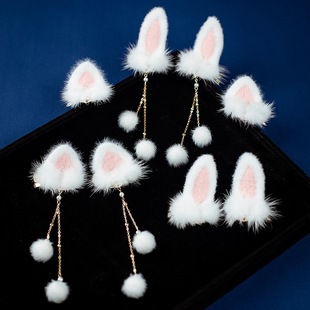 冬季毛绒古风发夹猫耳朵毛球对夹兔子耳朵儿童头饰女童汉服发饰