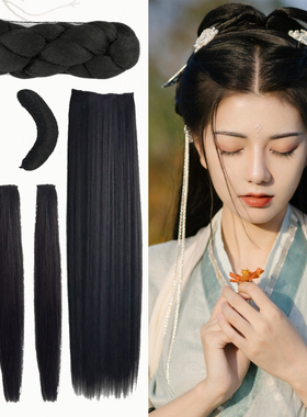 古风假发包汉服古装懒人垫发牛角发髻套装黑色玉米须鬓角辫子儿童