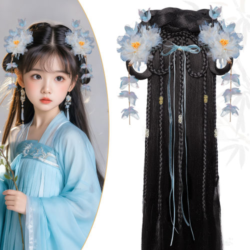 儿童古装日常造型盘发包古风汉服气质写真假发饰品组合长款后披发
