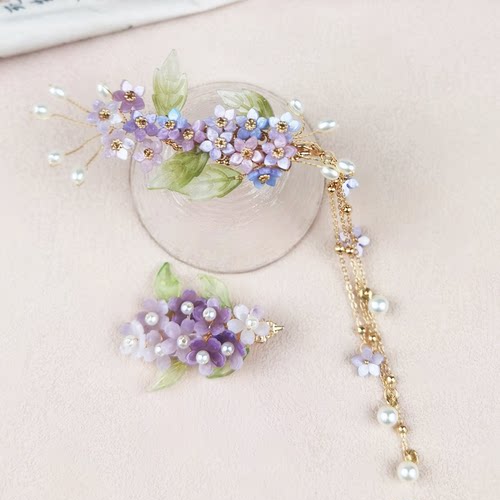 古风发夹仙气流苏紫色花朵