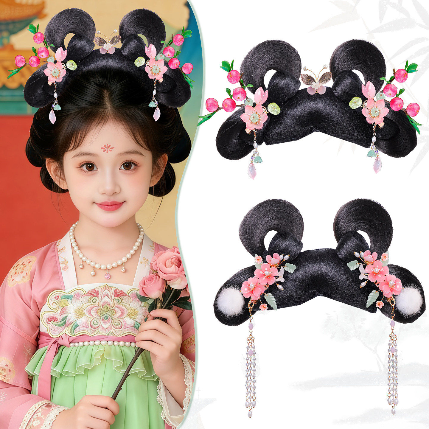 儿童一体式发髻可爱花朵果子发饰古装造型盘发垫发包汉服演出假发,美发护发/假发,演出假发,淘宝优惠券,粉丝福利购,淘宝优惠卷