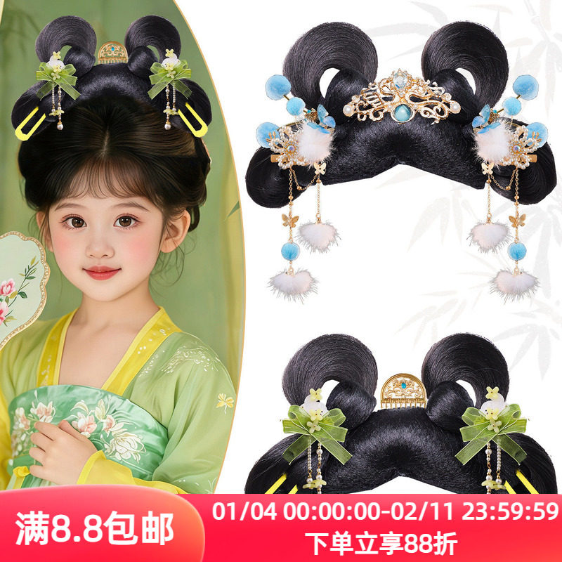 唐风古装蝴蝶结垫发包红绒毛球长流苏发饰儿童过年拍照氛围感头饰,美发护发/假发,演出假发,淘宝优惠券,粉丝福利购,淘宝优惠卷