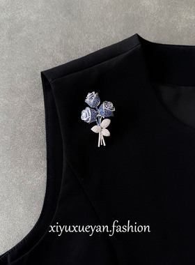 蓝色妖姬法式浪漫蓝玫瑰胸针女高档精致胸花别针大衣西装裙子配饰
