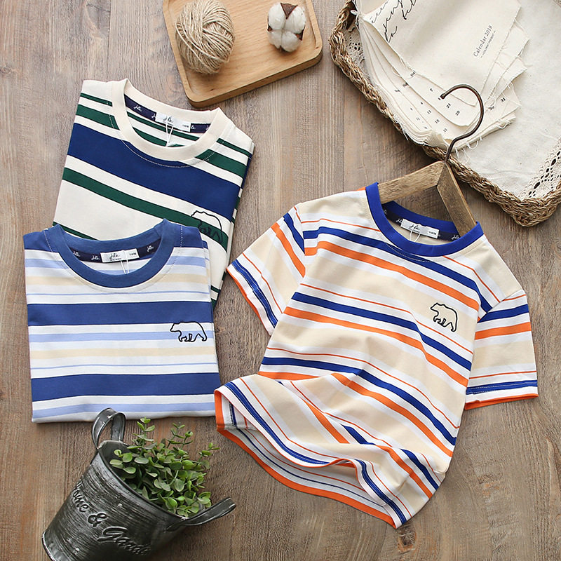 夏季中大童男孩纯棉短袖条纹短t宝宝夏款半袖上衣男童装圆领t恤衫