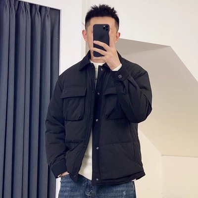 高品质羽绒棉服拼接工装外套男款潮流衬衫领棉衣轻薄设计感上衣