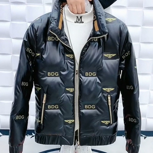 冬季外套男短款立领韩版修身黑色男士羽绒服潮牌亮面男生薄款棉衣