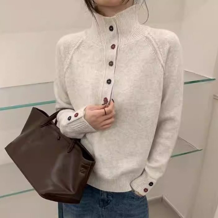2025秋冬新款韩版半高领花纱纽扣针织半开衫女百搭宽松慵懒风上衣
