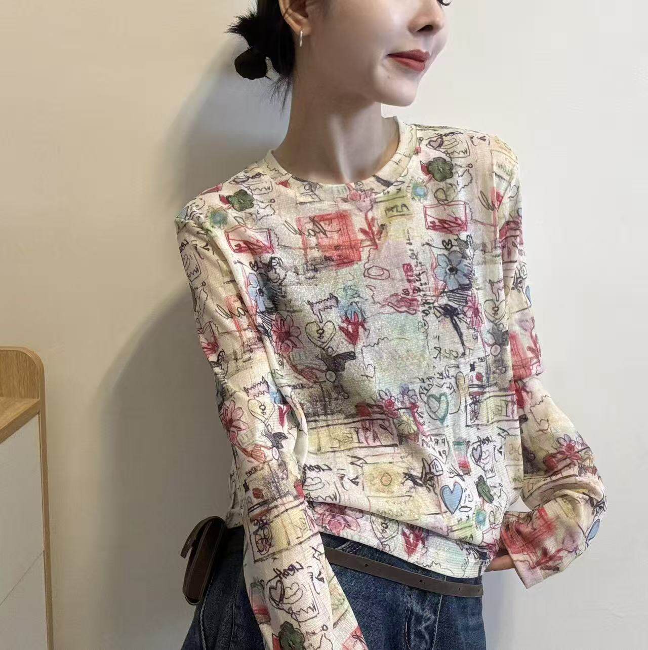 2026春夏新款时尚休闲涂鸦印花长袖T恤圆领宽松显瘦百搭通勤上衣