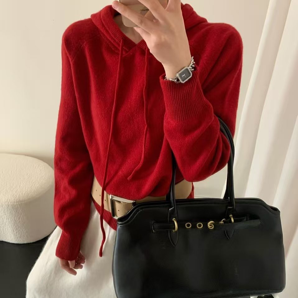 BADX正品纯色套头连帽毛衣女2025秋季宽松慵懒高级感内搭针织上衣