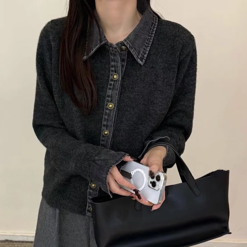 韩版宽松休闲拼接牛仔翻领针织衫