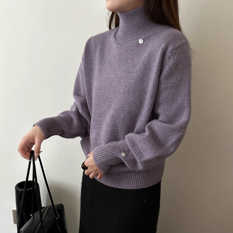 韩系细闪亮片高领羊毛针织衫