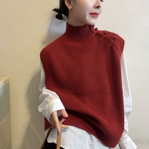 侧盘扣针织背心衬衫打底两件套