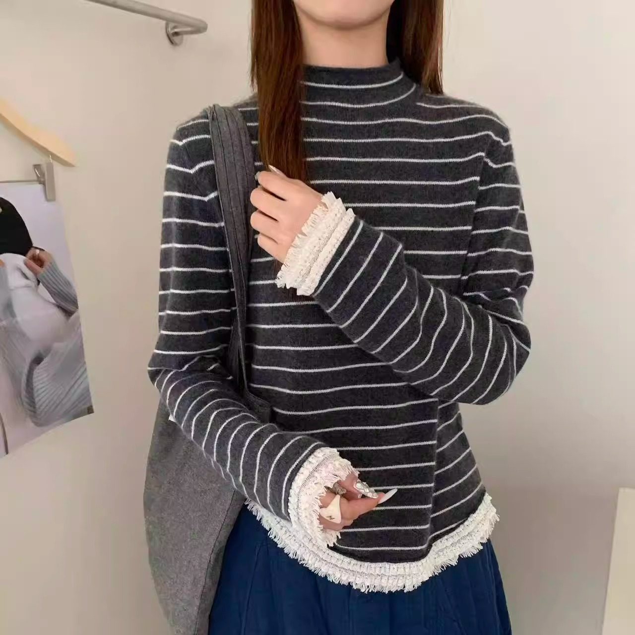 半高领须须花边时尚蜜熊绒针织衫