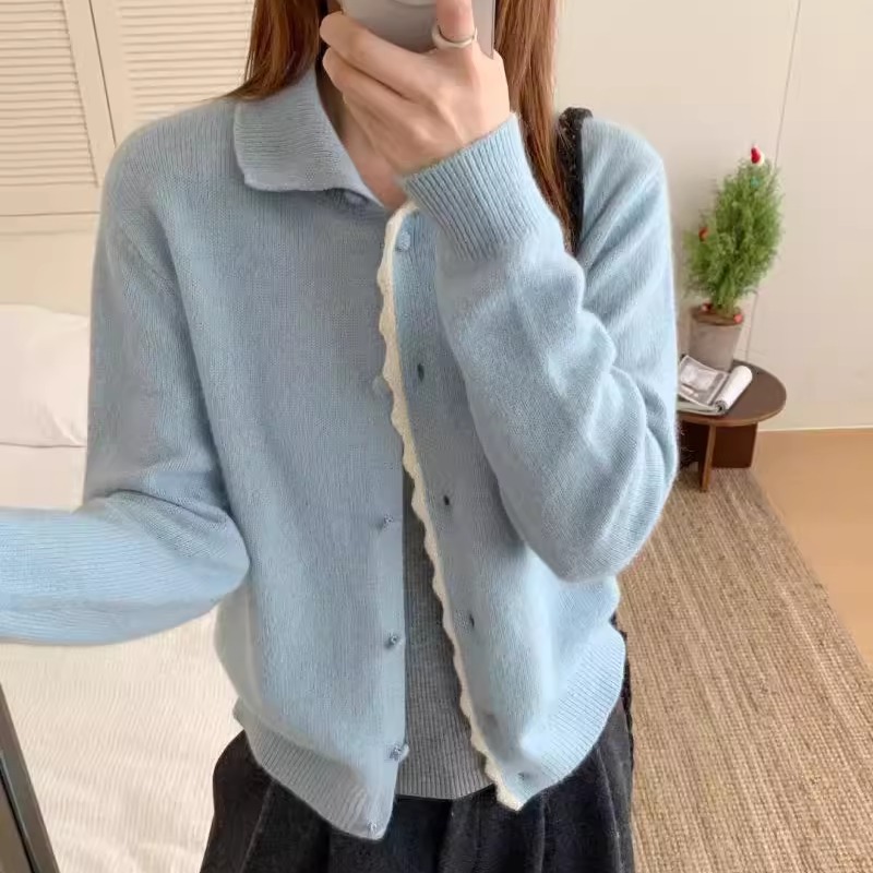 BADX正品韩系软糯包扣獭马绒毛衣针织开衫女25冬季高级撞色边上衣