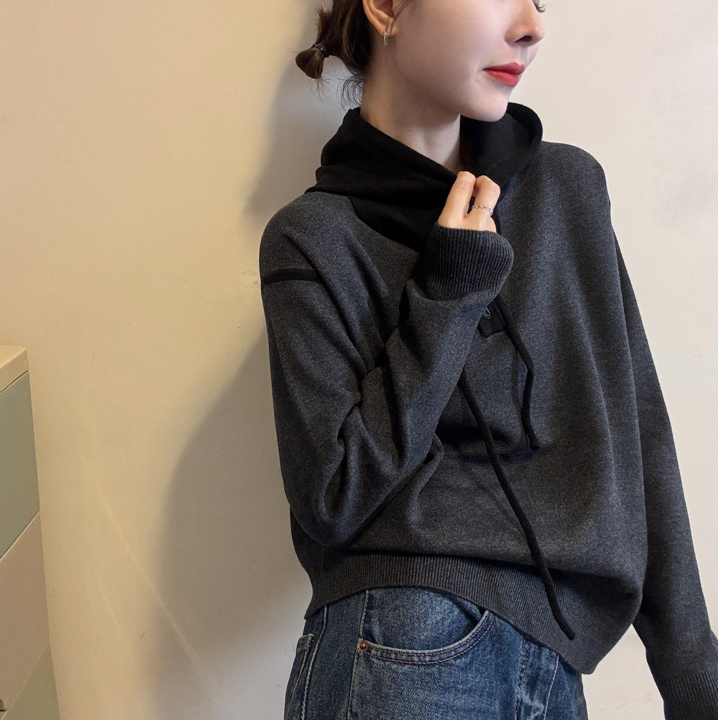 韩系时尚休闲连帽纽扣高级感长袖开衫女冬季新款卫衣外套针织衫潮