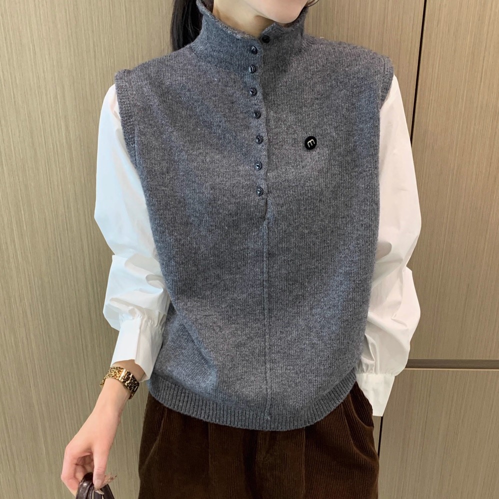 衬衫袖拼接半高立领羊毛针织衫女冬季洋气假两件打底简约时尚上衣