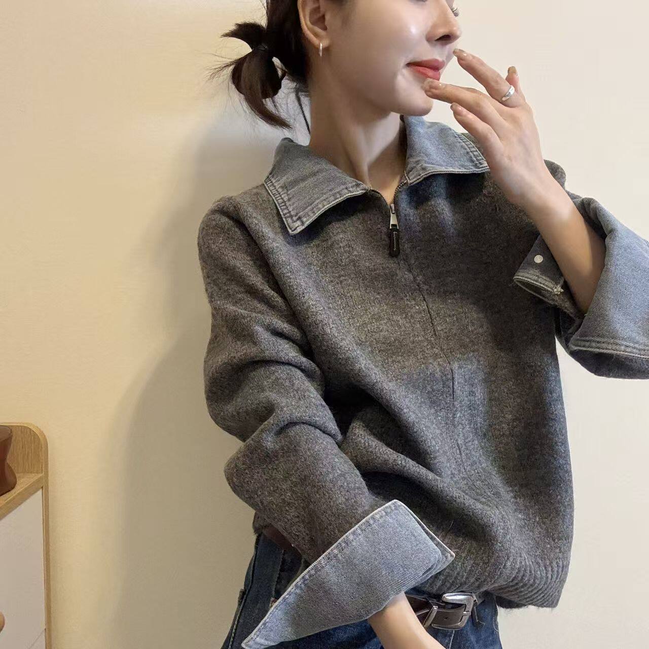 牛仔拼接假两件双拉链针织开衫