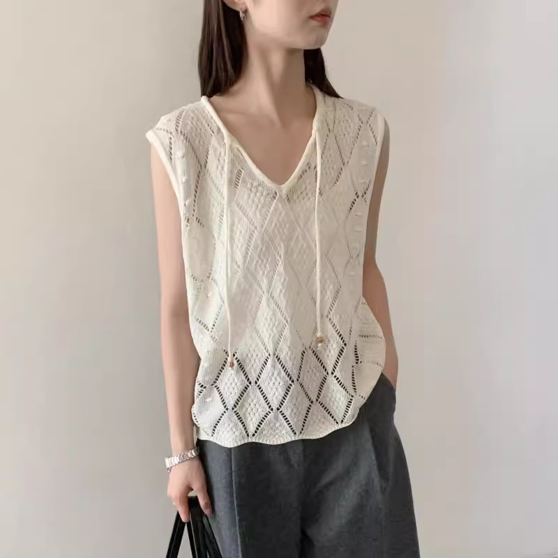 殴货时尚菱形镂空无袖亚麻亮片纱针织背心女夏季薄款显瘦百搭上衣