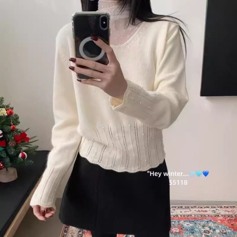 BADX正品设计感v领钉珠拼蕾丝针织衫女冬季时尚宽松内搭打底毛衣
