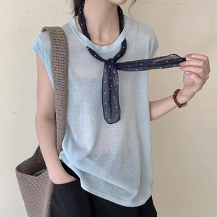 天丝亚麻上衣 纯色圆领飞飞袖 丝巾款 针织T女夏季 宽松显瘦百搭薄款