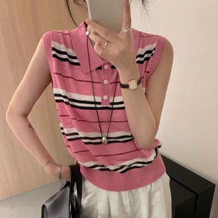 显瘦百搭t恤上衣 25夏季 新款 小众翻领撞色条纹无袖 针织背心女时尚