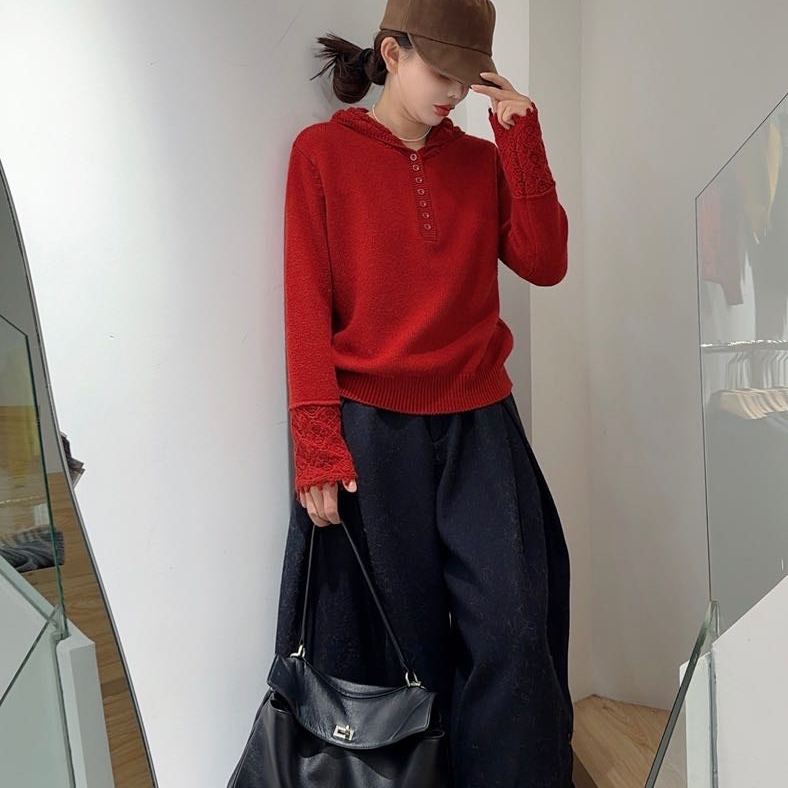 连帽钩花长袖半排扣密熊绒针织毛衣女韩版冬季洋气套头高品上衣潮